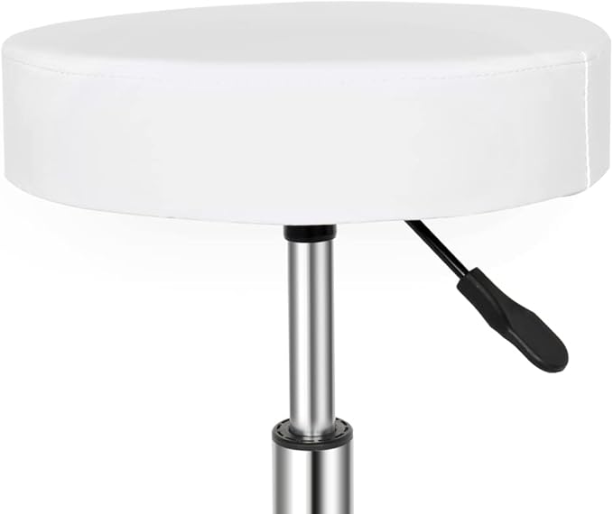 Round Rolling Bar Stool PU Leather with Wheels and Foot Rest, Height Adjustable Task Work Drafting Chair with Back for Salon Spa Tattoo Facial Medical Office Chairs (White1)