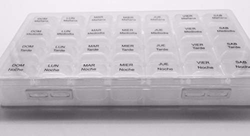 Spanish Pill Box 7 Day Four Times a Day Weekly Pill Planner Organizer - Large Compartment Pill Boxes Store medications for Entire Week. Cuatro veces al día Durante UNA semana.