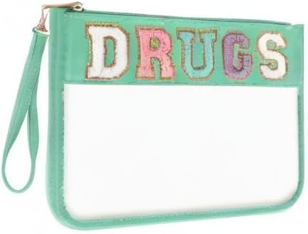 Chenille Letter Clear Bag DRUGS Purse, Monogram PVC & PU Meds Travel Bag Zipper Pouch with Wristlet, Waterproof Portable Glitter Preppy Cosmetic Pouch Toiletry Bag for Women Girls (DRUGS-Green)