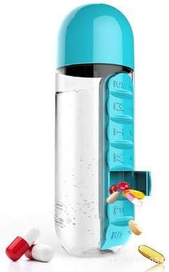 2-in-1 Water Bottle and Pill Organizer, 600ml Capacity, 7 Compartments outdoor capsule cup medicine box dispenser (Blue)