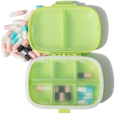 Travel Pill Organizer with 8 Compartments- Pill Container for Medication, Vitamins, Jewelry, and Small Items- Pocket Pharmacy with Labels (Beige)