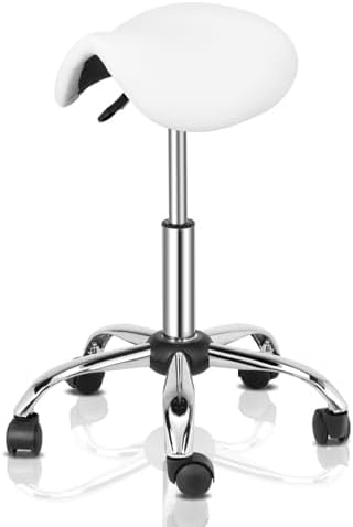 OmySalon Adjustable Saddle Stool with Footrest, Hydraulic Rolling Salon Chair, 360° Swivel Wheels Ergonomic Stool for Hair Stylists, Tattoo Artists, Office, Spa, Massage, Dental (White)