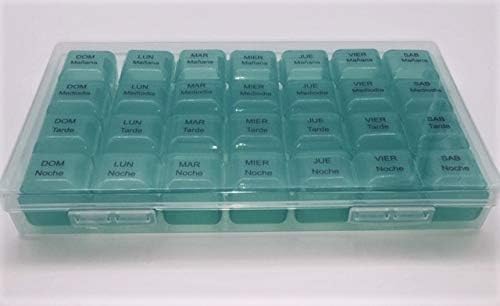 Spanish Pill Box 7 Day Four Times a Day Weekly Pill Planner Organizer - Large Compartment Pill Boxes Store medications for Entire Week. Cuatro veces al día Durante UNA semana.