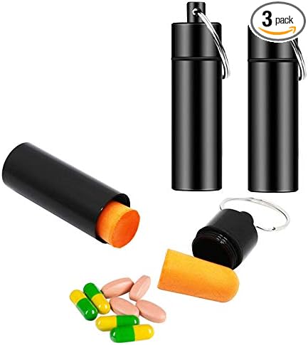 3 Packs Keychain Pill Holder, EFFIET Waterproof Pill Fob Case Box Outdoor Container for Emergency Medicine, Foam Earplug Storage Case with Ear Plugs (Black)