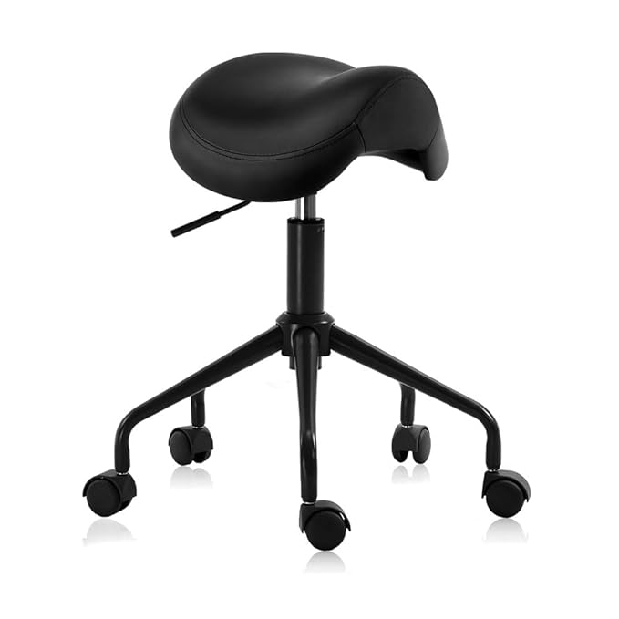 Adjustable Height Hydraulic Rolling Swivel Stool Chair with Metal Base and Faux Leather Cushion for Salon, Medical, Office and Home, 503 Kai Series - Saddle Seat, Black