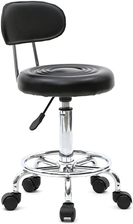 Round Rolling Bar Stool PU Leather with Wheels and Foot Rest, Height Adjustable Task Work Drafting Chair with Back for Salon Spa Tattoo Facial Medical Office Chairs (Black-with Back)