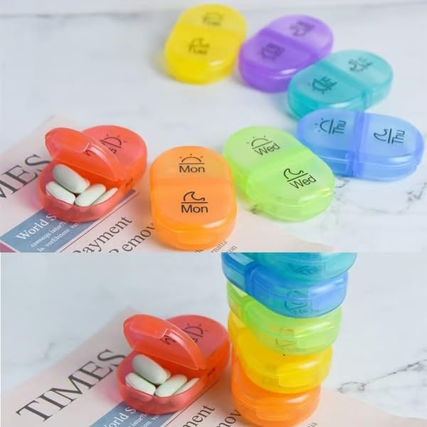 Portable Pill Organizer for Travel, 7-Day Pill Case with 14 Compartments, Pill Holder for Vitamins & Medication, Leak-Proof & Compact Design (White Shell with Color Grid, 2PCS)