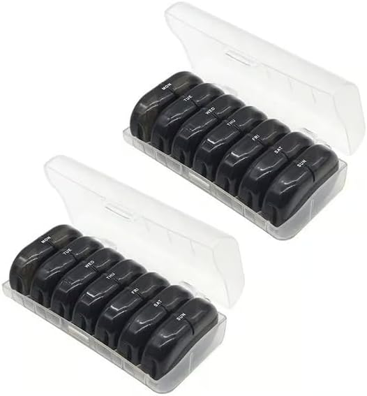 Portable Pill Organizer for Travel, 7-Day Pill Case with 14 Compartments, Pill Holder for Vitamins & Medication, Leak-Proof & Compact Design (White Shell with Black Grid, 2PCS)