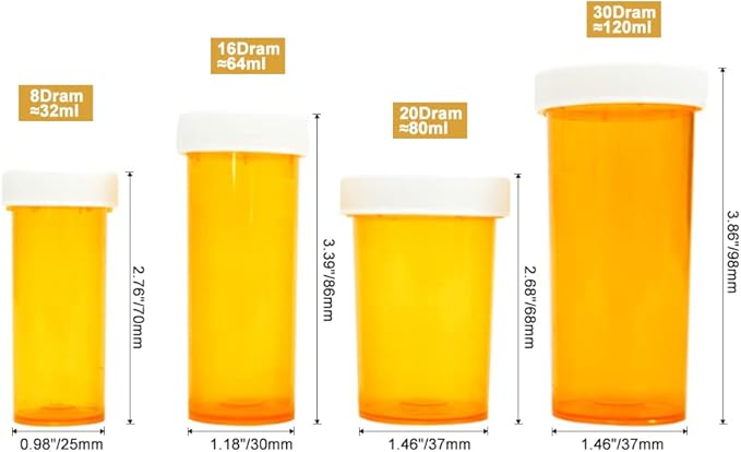 Pill Bottles with Child Resistant Cap, Prescription Vials - Push Down and Turn - Empty Medicine Plastic Containers Safety Cover for Personal Medication & Pharmacy (16dram, Amber, 12pcs)