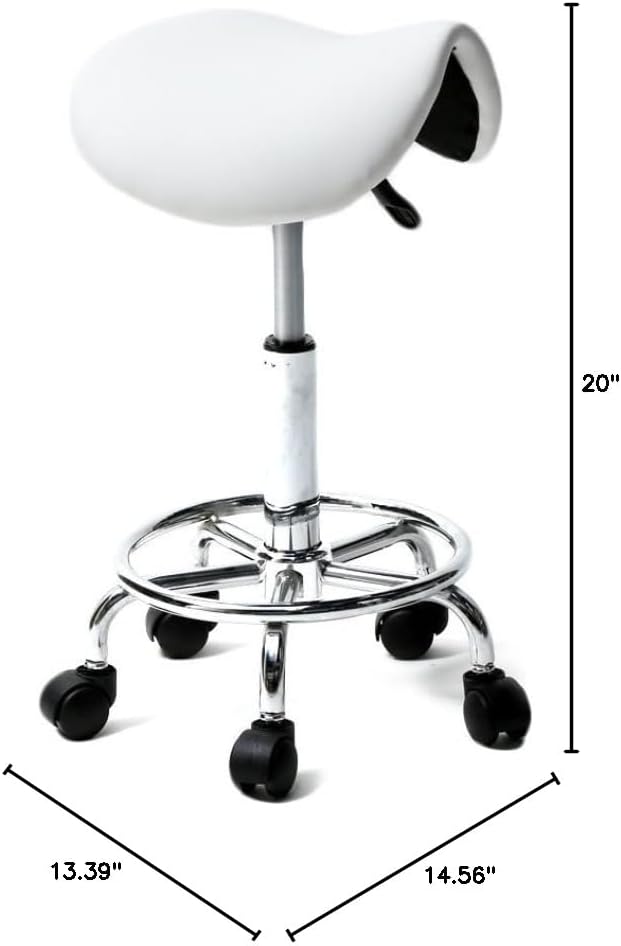 U-Kiss PU Leather Round Rolling Stool with Foot Rest Swivel Height Adjustment Medical Spa Drafting Salon Tattoo Work Office Massage Stools Task Chair,Kitchen,Salon,Bar,Office,Massage (White 2)