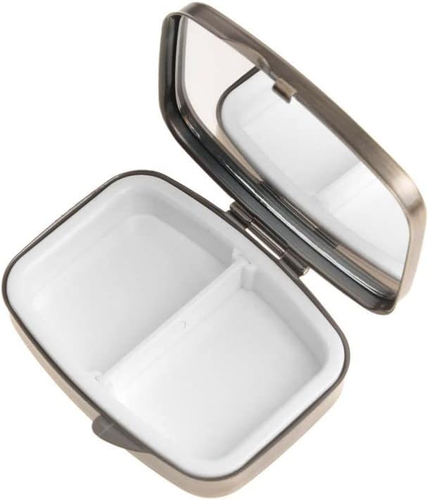 WIRESTER Rectangle Pill Box, 2 Compartment Retro Pill Case with Mirror, Medicine Tablet Vitamin Holder for Pocket Purse Travel - Lemon Leaf Walnuts
