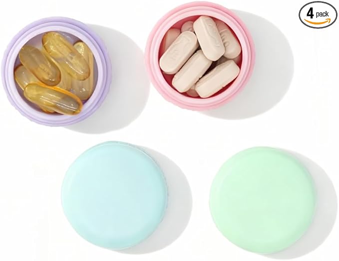 4pc Small Discreet Pill Organizer for Purse & Pocket, Cute Macaron Shaped Pill Case, Lightweight Daily Vitamin Box, Funny Airtight Moistureproof Medicine Container