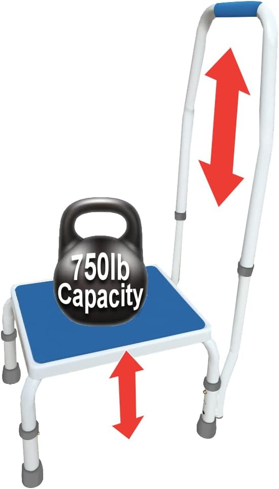 Platinum Health AdjustaStep BARIATRIC Deluxe Step Stool/Footstool with Handle/Handrail, Height Adjustable. 2 Products in 1. Modern White/Blue Design. Padded Non-Slip Handle. 750lb Capacity.