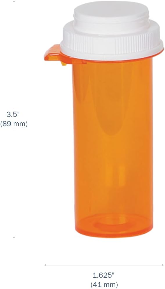 Ezy Dose Pill, Medicine, Vitamin Container & Vial, 13 Dram Storage, Child-Resistant Push-Tab Reversible Safety Cap, Easy-to-Use, Amber, Case of 200