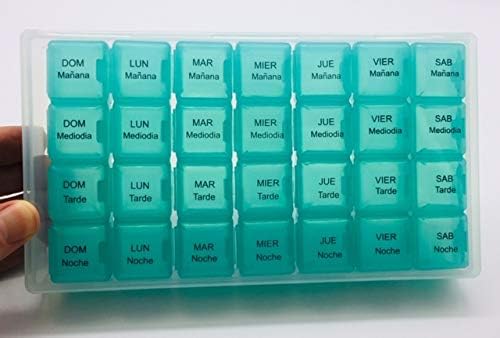 Spanish Pill Box 7 Day Four Times a Day Weekly Pill Planner Organizer - Large Compartment Pill Boxes Store medications for Entire Week. Cuatro veces al día Durante UNA semana.