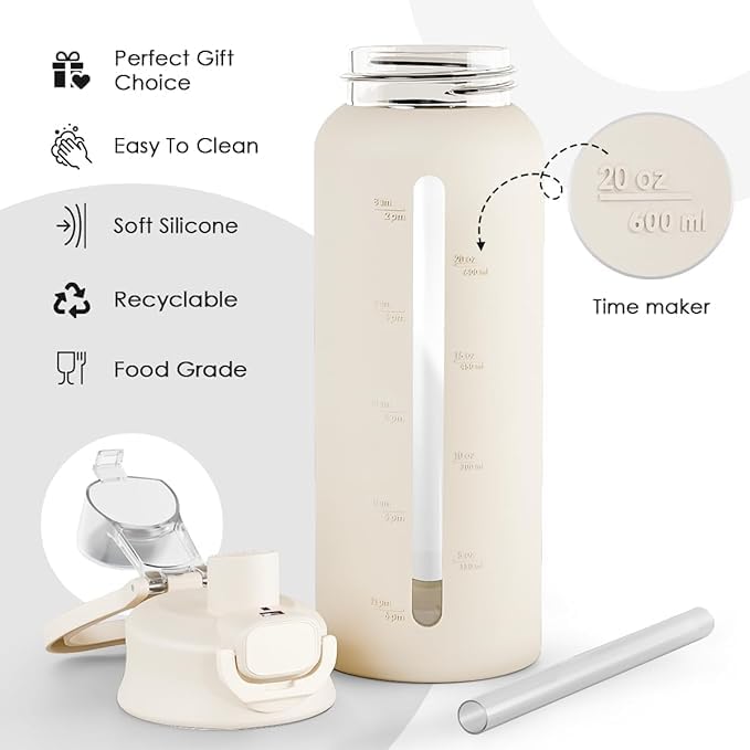 Glass Water Bottle with Silicone Sleeve 24oz with Lid, Motivational Time Marker, Drinking Hydration Glass Bottles for Men Women, Gym Travel Sports (Cream)