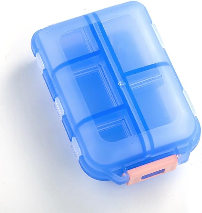 Small Travel Pill Box Organizer, 10 Compartment Pill Case Planner, Portable Folding Daily Medcine Container Capsule Dispenser for Storage Medication, Meds, Vitamin, Fish Oil, Supplement, Blue