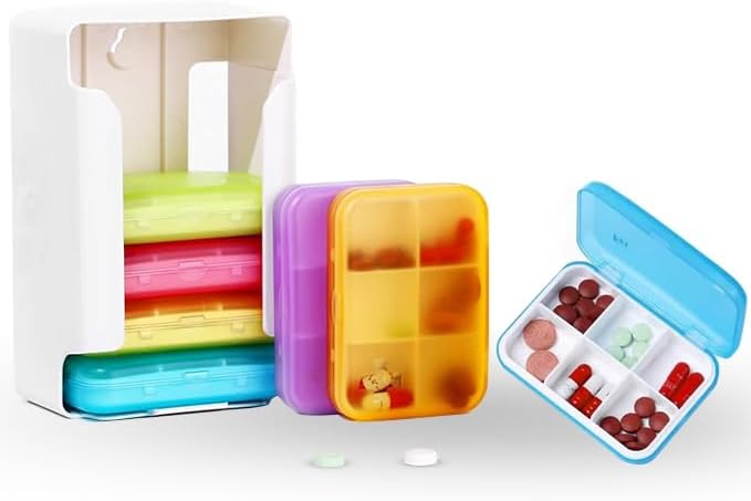 6 Times a Day, 7 Piece Set Pill Organizer-Weekly Daily Travel Medicine Multicolored Organizer,Portable 7 Day Pill Box with Moisture-Proof Pill Case Travel Pill Container for Vitamins Supplements