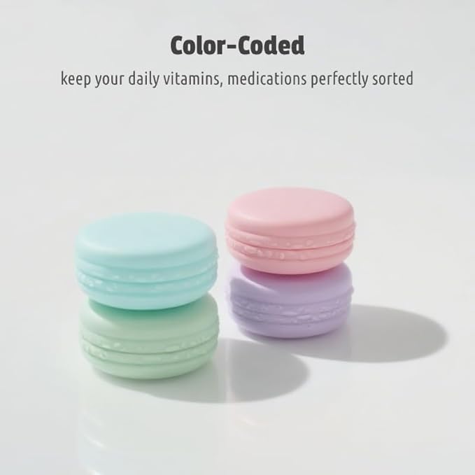 4pc Small Discreet Pill Organizer for Purse & Pocket, Cute Macaron Shaped Pill Case, Lightweight Daily Vitamin Box, Funny Airtight Moistureproof Medicine Container