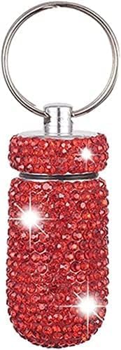 Bling Pill Container Portable Pill Bottle Case Pill Holder Keychain Medicine Holder Mini Size Waterproof and Light Weight for Outdoor Camping Traveling (Red)