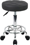 Round Rolling Stool with Footrest PU Leather Height Adjustable 360° Swivel Stool with Wheels Office Chair Home Drafting Work Studio Shop SPA Salon Small (Grey)