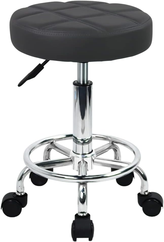 Round Rolling Stool with Footrest PU Leather Height Adjustable 360° Swivel Stool with Wheels Office Chair Home Drafting Work Studio Shop SPA Salon Small (Grey)