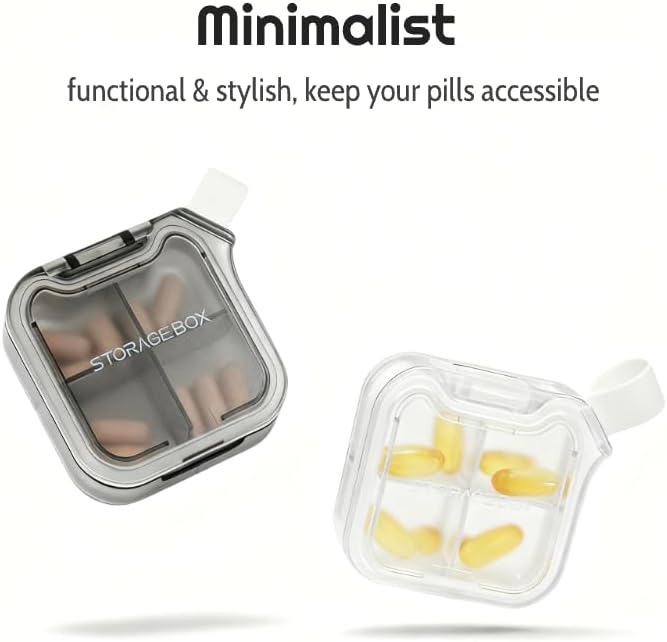 Small Stylish Pill Case, Compact Vitamin Box, Portable Travel Pill Dispenser, 4 Compartments Medications & Supplements Organizer (White)