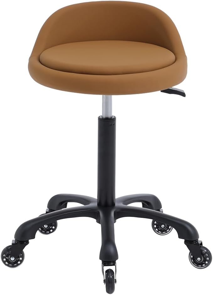 Rolling Salon Stool Chair with Back Support Hydaulic Height Adjustable on Swivel Wheels Heavy Duty for Hair Cutting Esthetician Tatto Beauty Spa Bar Lab Clinic Kitchen Office Home (Camel)