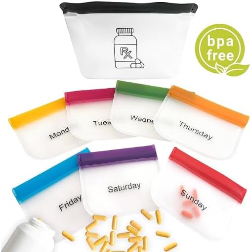 7 Piece Set Zipper Pill Pouch Organizers, Daily Purpose & Travel, Color-Coded Vitamin & Medicine Bags, Air tight Zip, Organize Small Items Bags