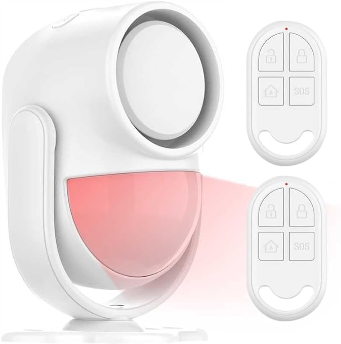 Luckydeer 125dB Loud Motion Sensor Alarm with 328ft Dual Remote (40ft PIR Detector, 3*AA Batteries), Indoor Wireless Infrared Security Motion Detector with Siren for Homes/Sheds (White - 2 Remotes)