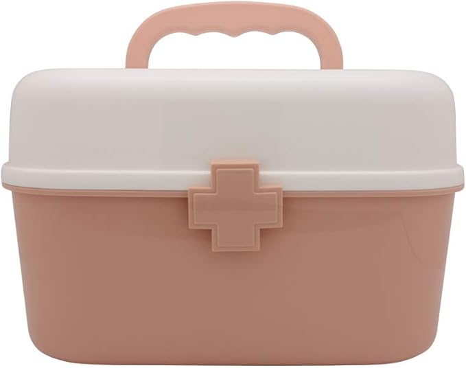 BangQiao Plastic First Aid Storage Box Container Bin with Removable Tray and Portable Handle, Family Emergency Medicine Kit Case Organizer, White&Pink