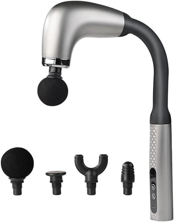 Deep Tissue Massage Gun for Back & Full Body – Long Handle Percussion Muscle Massager with 4 Replaceable Heads, Adjustable Speeds & Quiet Motor – Relieve Muscle Pain, Soreness & Stiffness (Silver)