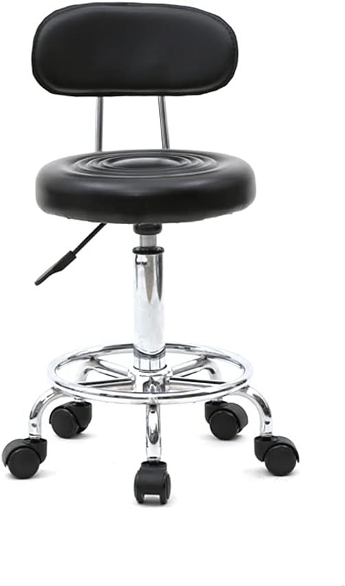 Round Rolling Bar Stool PU Leather with Wheels and Foot Rest, Height Adjustable Task Work Drafting Chair with Back for Salon Spa Tattoo Facial Medical Office Chairs (Black-with Back)