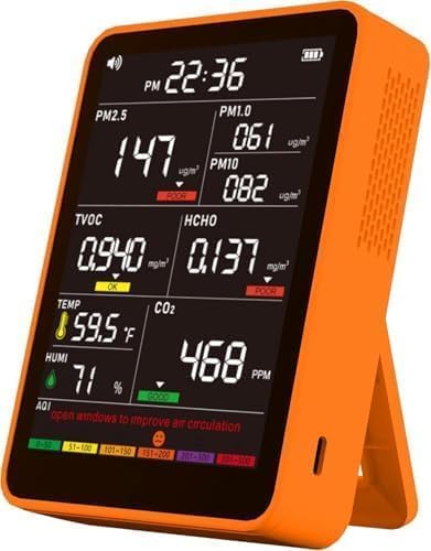Professional Indoor Air Quality Monitor with AQI Alerts, Portable Real-Time Detector for Home, Car, Plants & Pet