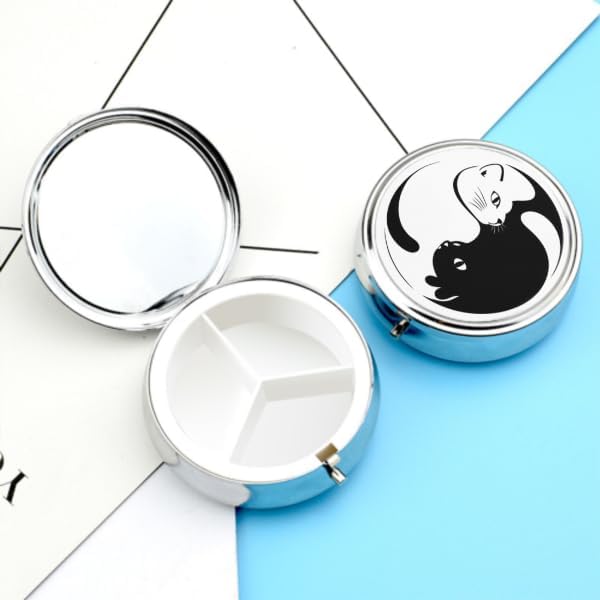 Round 3 Compartment Pill Box, Decorative Travel Pill Case, Moistureproof Daily Cute Pill Box Suitable for Women Men Compatible with Yin Yang Black and White Sleepy Cat