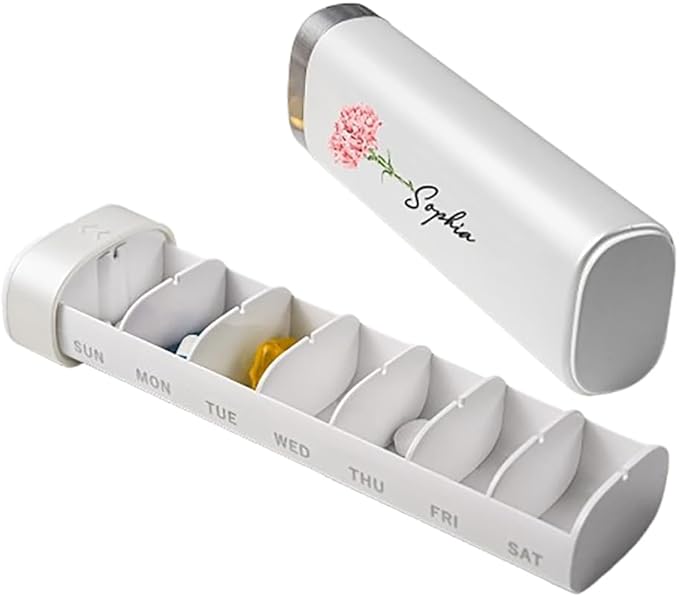 callie Personalized Weekly Pill Organizer - Custom Birth Flower & Name, 7 Day Pill Case Travel Medicine Organizer with Large Compartment for Supplements Pills Vitamins