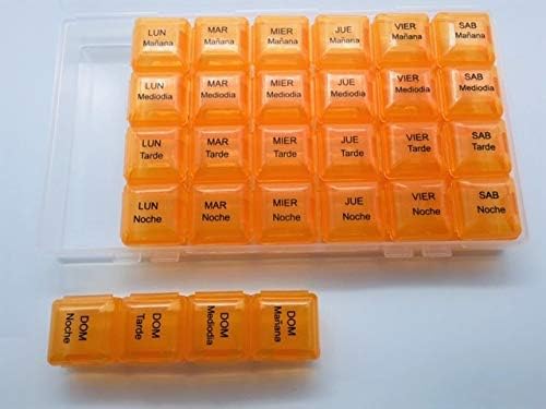 Spanish Pill Box 7 Day Four Times a Day Weekly Pill Planner Organizer - Large Compartment Pill Boxes Store medications for Entire Week. Cuatro veces al día Durante UNA semana.