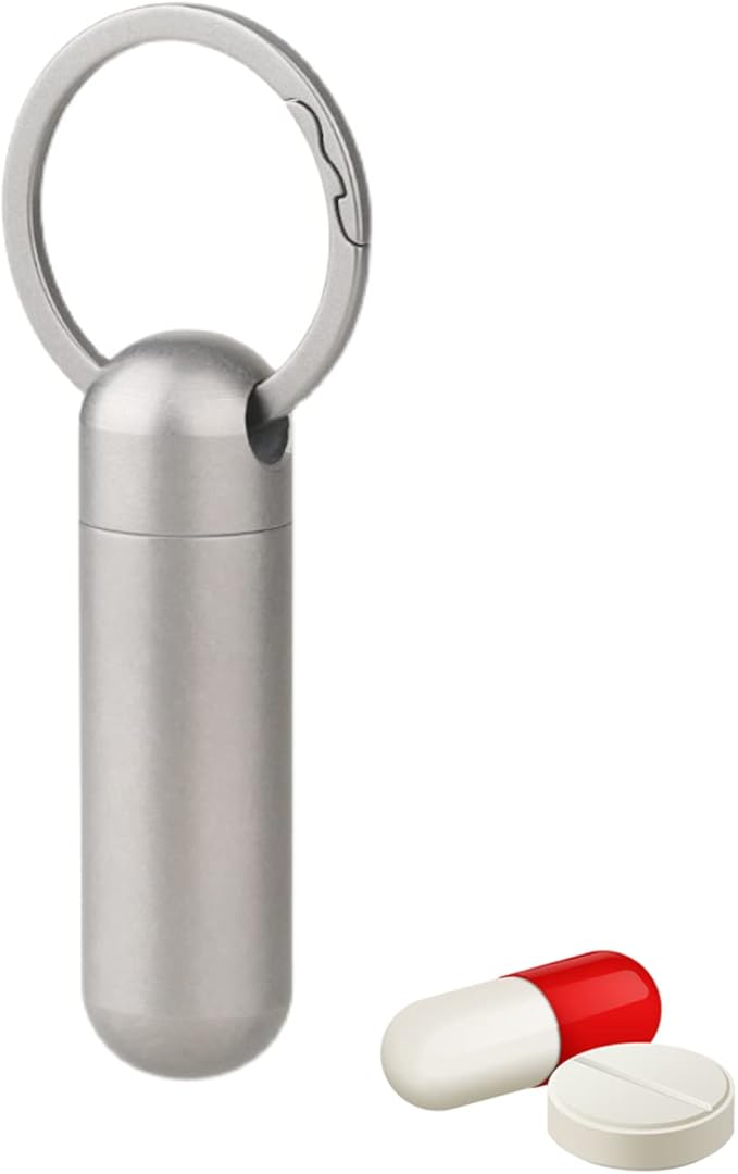Pill Case Keychain Titanium, Portable Single Pill Holder, Small Airtight Pill Container Waterproof, EDC Pill Fob Outdoor Pill Box, BPA Free Travel Medicine Carrier for Purse Pocket Wallet