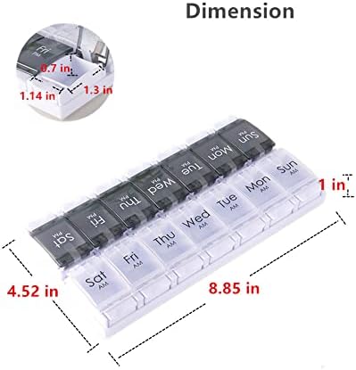 Pill Box Organiser 7-Day Weekly for AM PM Day Night Twice a Day, Pill Case with 14 Compartments for Vitamin Capsule Supplements Press Open Black-White (2time1day-blk)