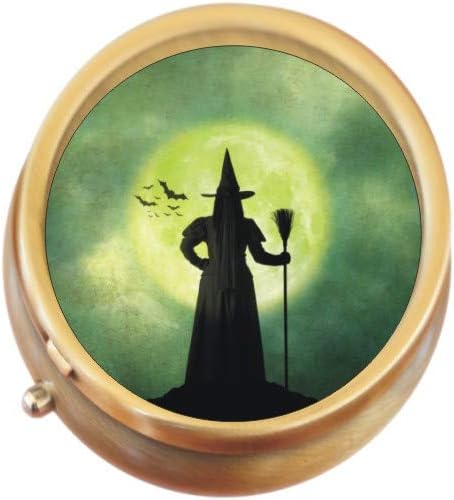 Black Witch Green Moon Brass Round Pill Box