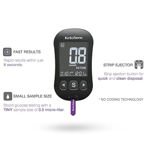 KetoSens Blood Ketone Monitoring System Set: Single Meter + 60 Ketone Test Strips, 10 Lancets (30G), 1 Lancing Device, 2 Batteries, a Instructions for Use, 1 Logbook, 1 Carrying Case