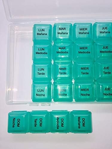 Spanish Pill Box 7 Day Four Times a Day Weekly Pill Planner Organizer - Large Compartment Pill Boxes Store medications for Entire Week. Cuatro veces al día Durante UNA semana.