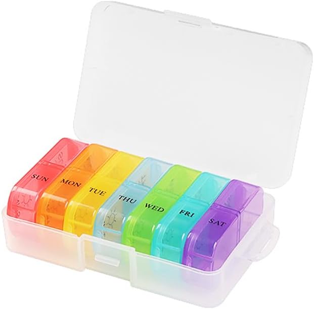 Travel Pill Organizer 7-Day for Purse Pocket, Daily Medicine Case Box with 14 Compartment Weekly Meds Container Reminder Planner AM PM Hold Medicine, Vitamin, Supplement, Fish Oil, Colorful
