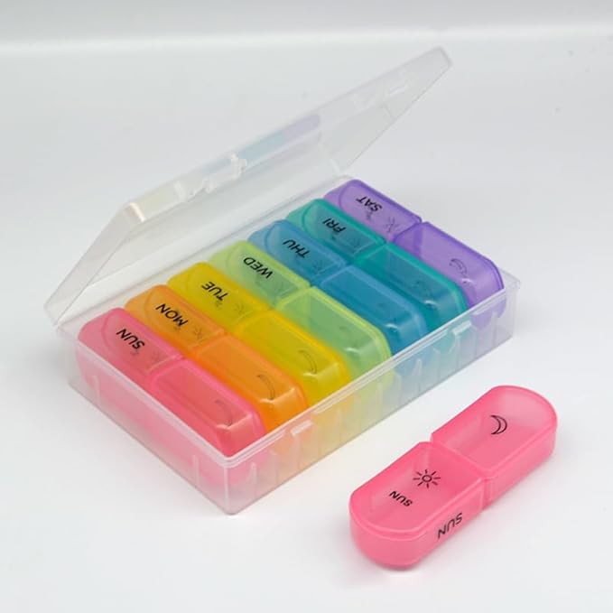 iplusmile Portable Pill Case Small Storage 7-Gird Medicine Organizer with Double Lid Protection Compact Outdoor Travel Size Pill Box 4.33X1.37X0.86 Inches
