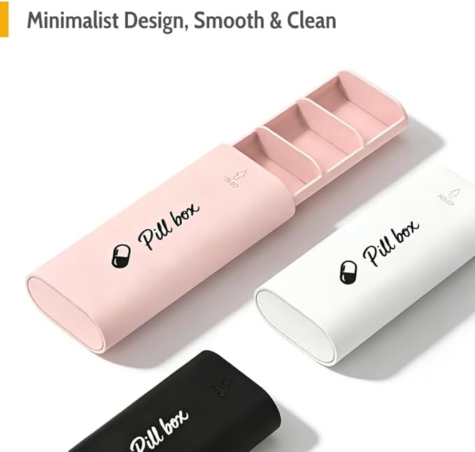 One-Handed Small Daily Pill Box for Purse & Pocket, 3 Compartments Portable Pill Case, Easy Press-to-Open Pill Case for Arthritic Hands, Ergonomic Single-Handed Vitamin Organizer (White)
