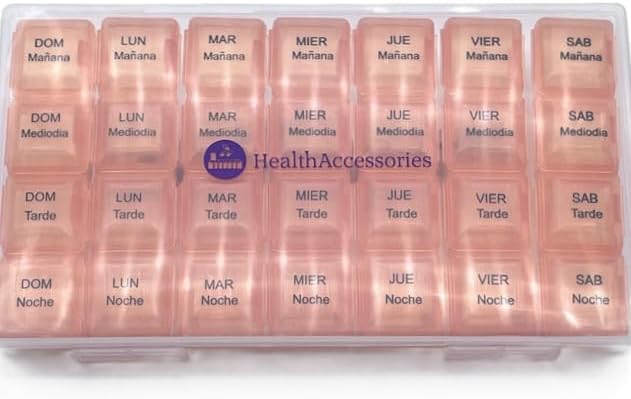Spanish Pill Box 7 Day Four Times a Day Weekly Pill Planner Organizer - Large Compartment Pill Boxes Store medications for Entire Week. Cuatro veces al día Durante UNA semana.
