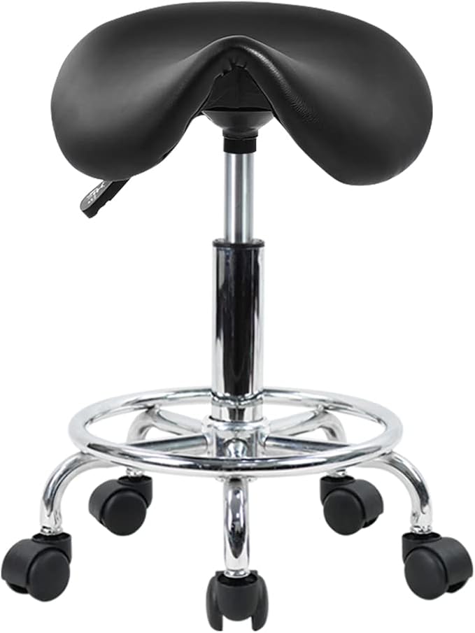 KKTONER Saddle Stool with Foot Rest PU Leather Swivel Adjustable Rolling Stool with Wheels Facial Salon Chair (Black)