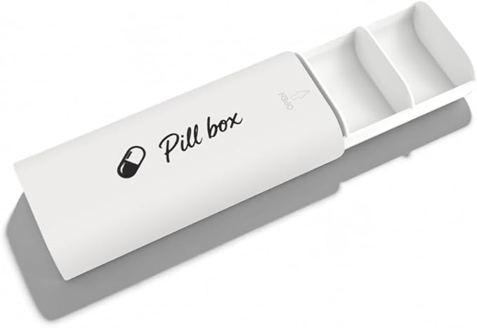 One-Handed Small Daily Pill Box for Purse & Pocket, 3 Compartments Portable Pill Case, Easy Press-to-Open Pill Case for Arthritic Hands, Ergonomic Single-Handed Vitamin Organizer (White)