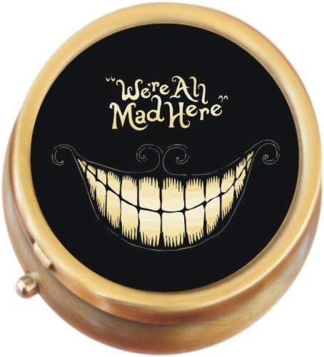 We are All Mad Here Cheshire Cat Wonderland Brass Round Pill Box