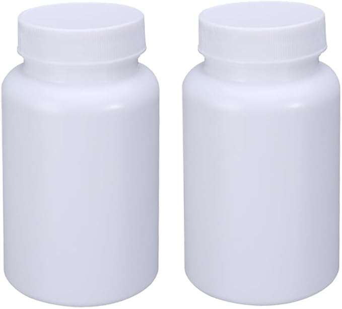 2 Pcs 200ml White Plastic Pill Bottles Empty Medicine Storage Containers Portable Vitamin Tablet Case Refillable Solid Powder Dispenser Holder with Screw Cap